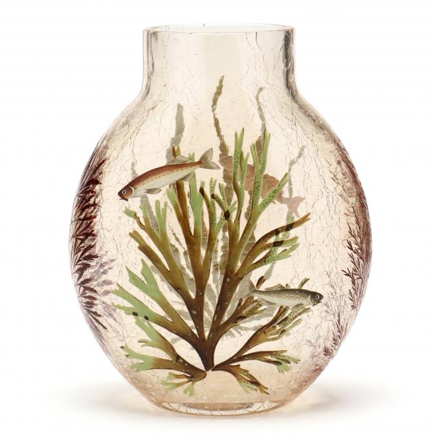 MOSER, CRACKLE GLASS VASE WITH FISH