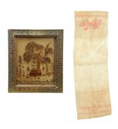MOURNING PICTURE AND TOWEL.  A