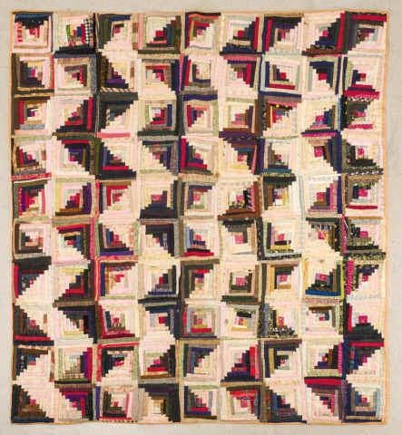 MULTI COLOURED LOG CABIN QUILT, CA.