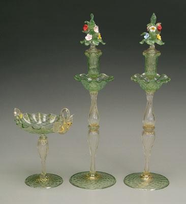 Murano glass candlesticks, compote: