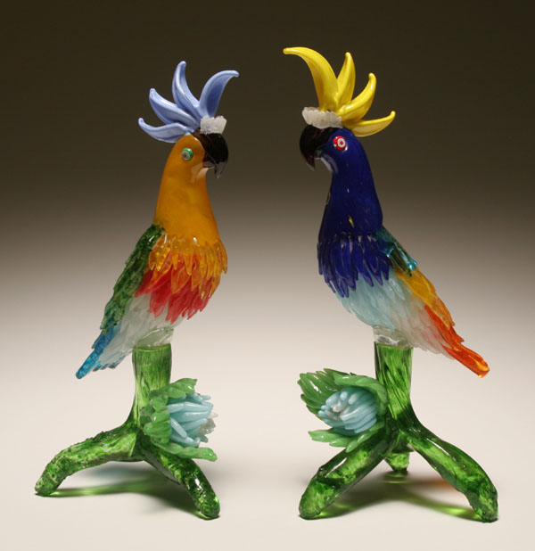 Murano glass parrot figurines; pair