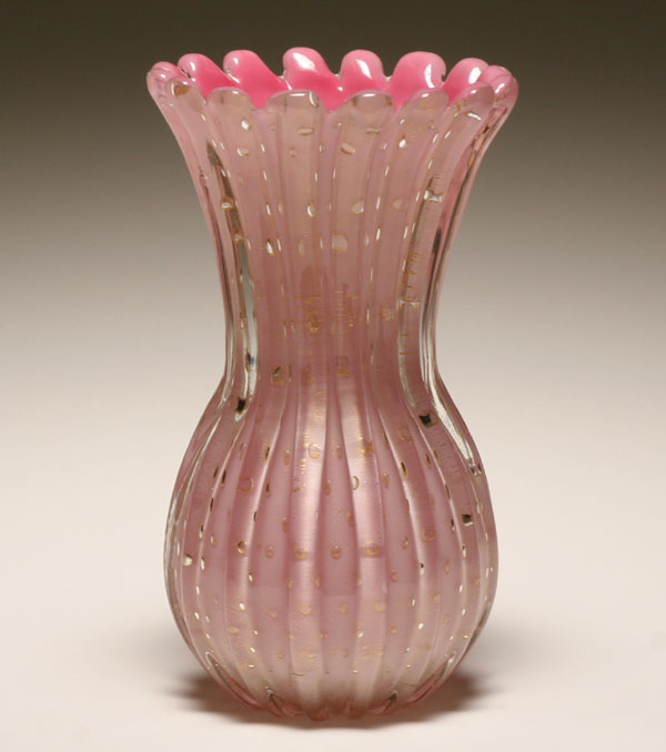 Murano pink ribbed art glass vase
