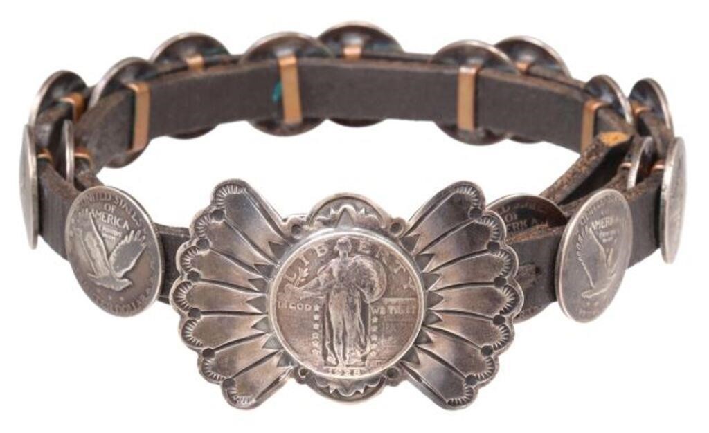 NATIVE AMERICAN COIN CONCHO BELT BY