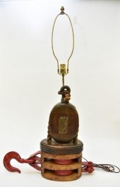 Nautical wood pulley lamp 33"