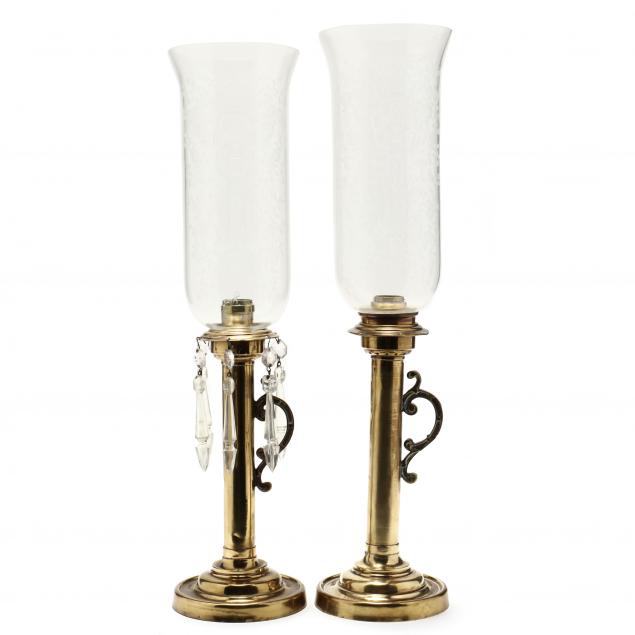 NEAR PAIR OF BRASS MANTEL LUSTRES