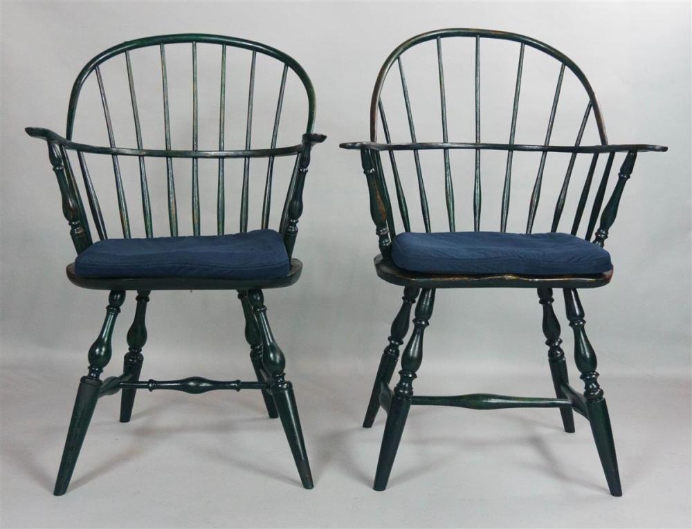 NEAR PAIR OF GREEN PAINTED SACKBACK