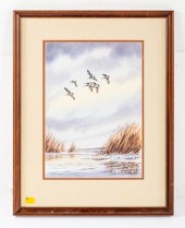NED EWELL. DUCKS FLYING OVER M