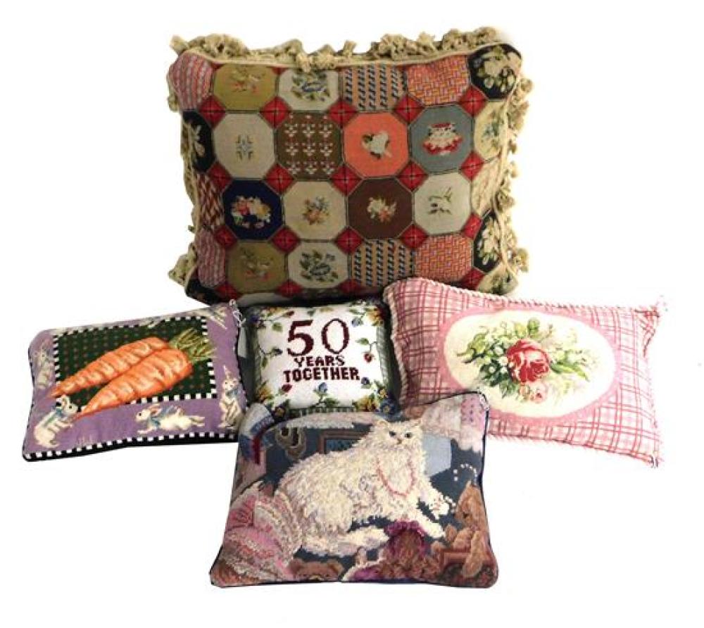 NEEDLEPOINT PILLOWS, FIVE PILLOWS