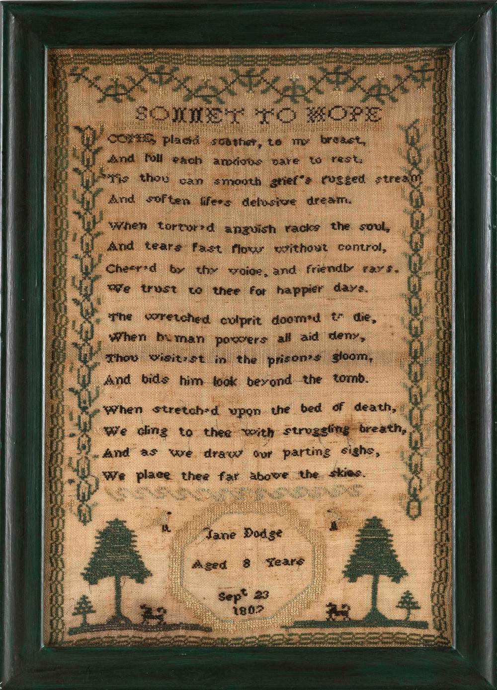 NEEDLEWORK SAMPLER DATED 1807 16.5”