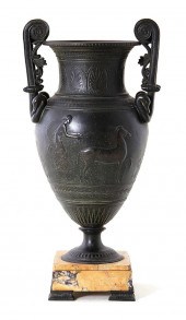 Neoclassical bronze urn on mar