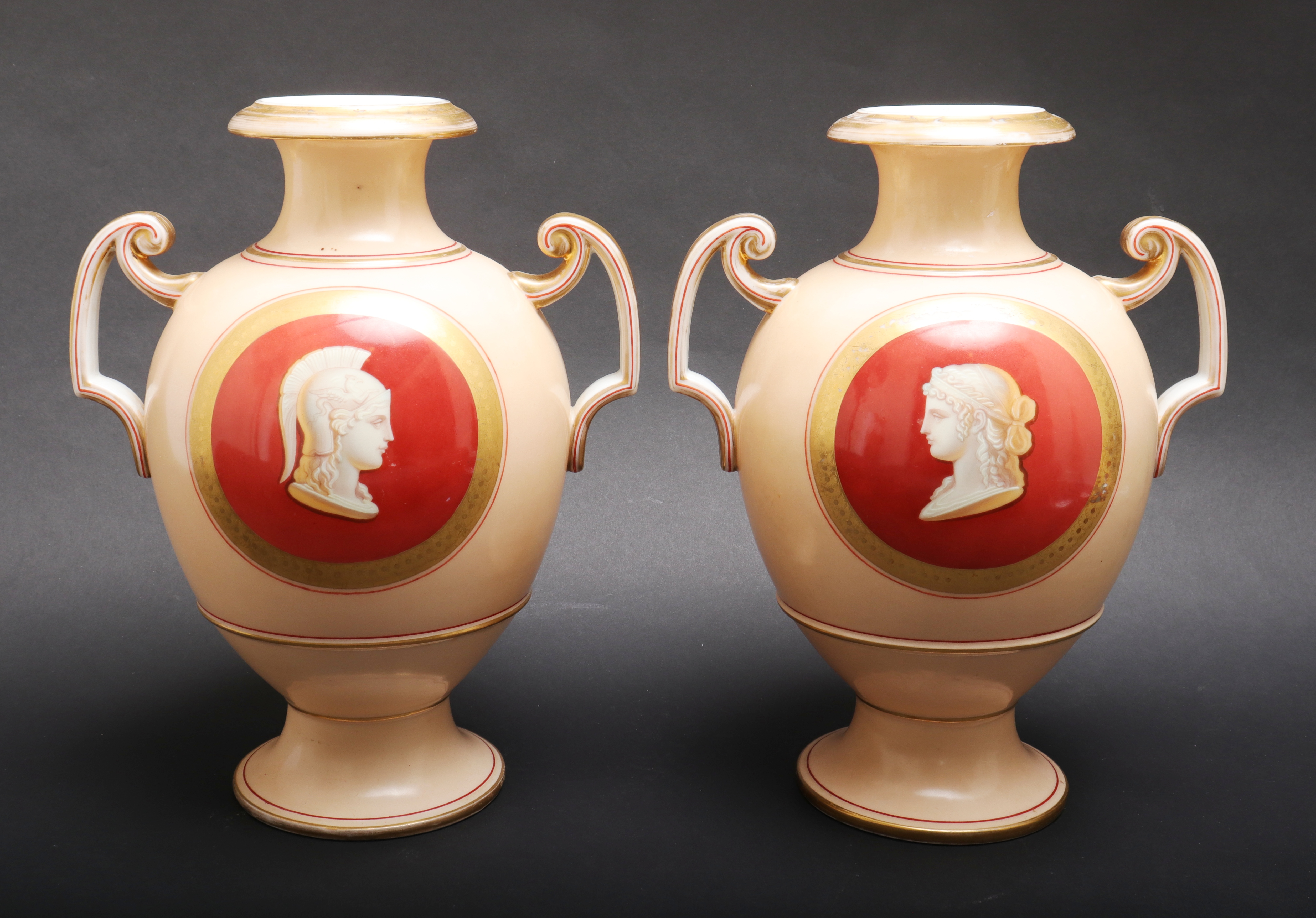 NEOCLASSICAL PORCELAIN MANTEL URNS,