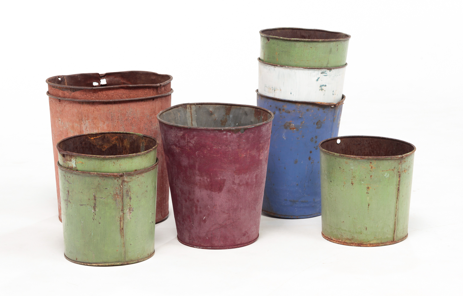 NINE AMERICAN TIN SAP BUCKETS.