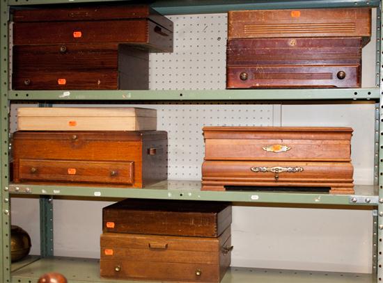 Nine assorted wood flatware boxes