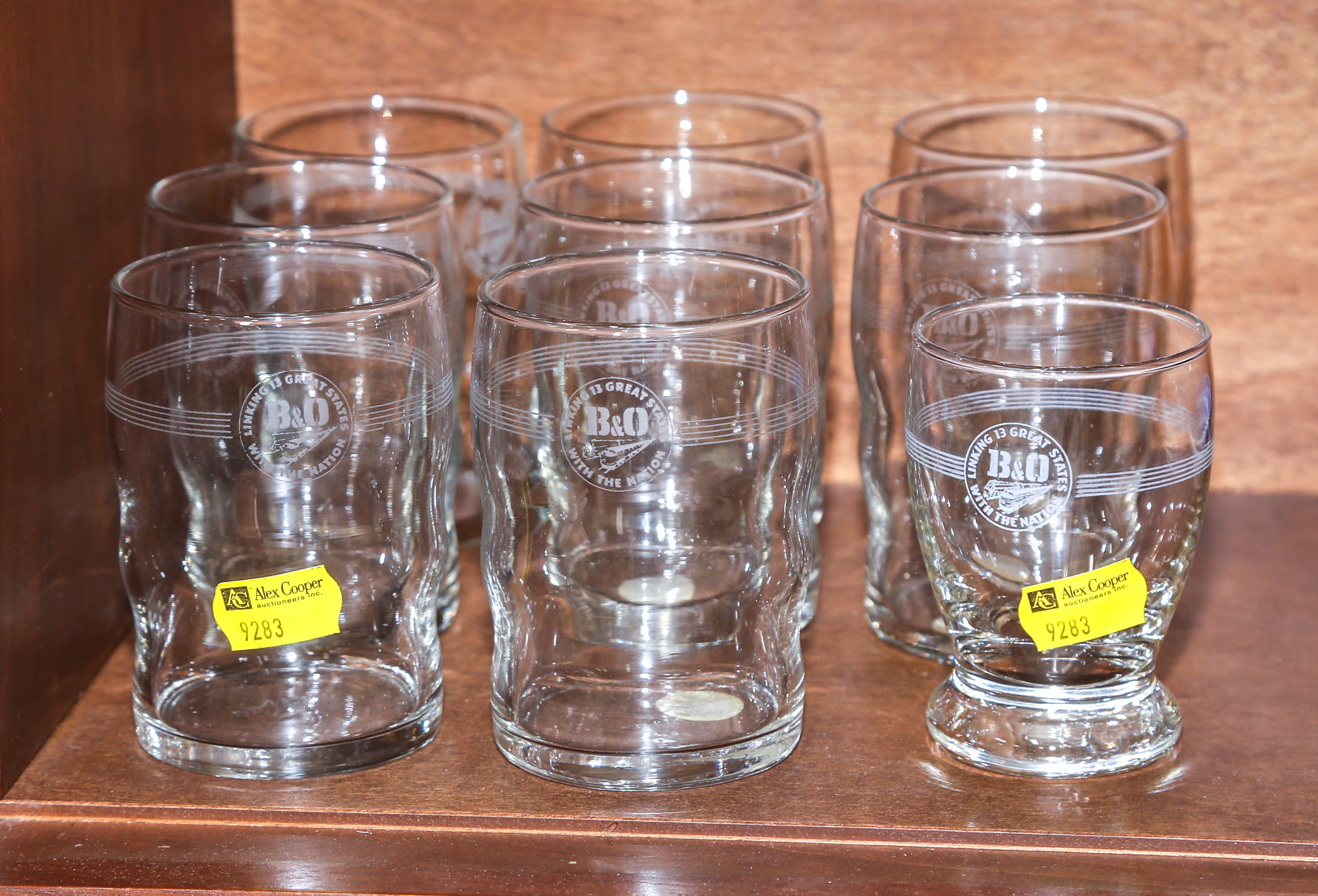 NINE B & O GLASS TUMBLERS 20th