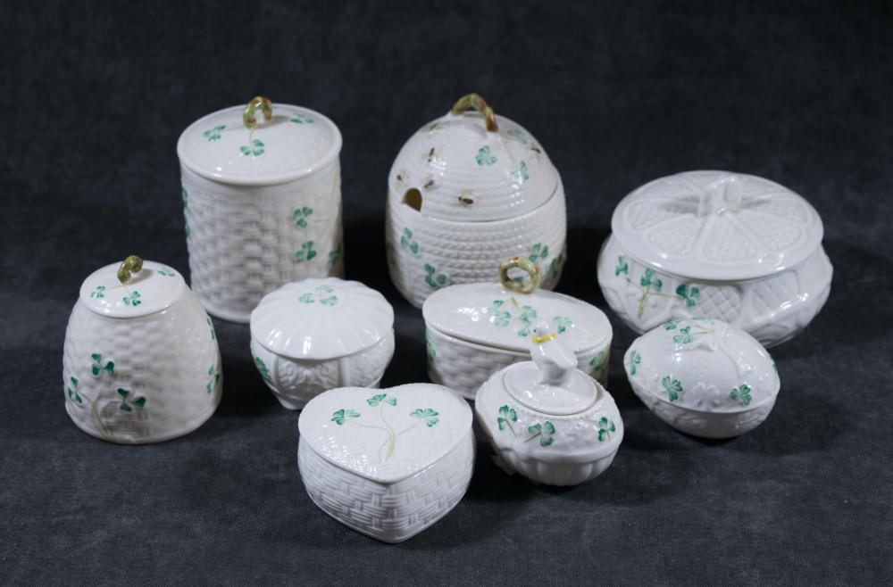 NINE BELLEEK SHAMROCK LIDDED