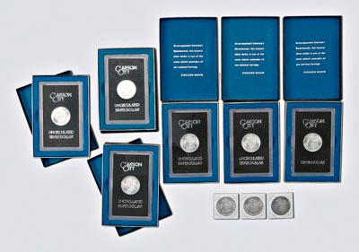 Nine BU Carson City silver dollars,