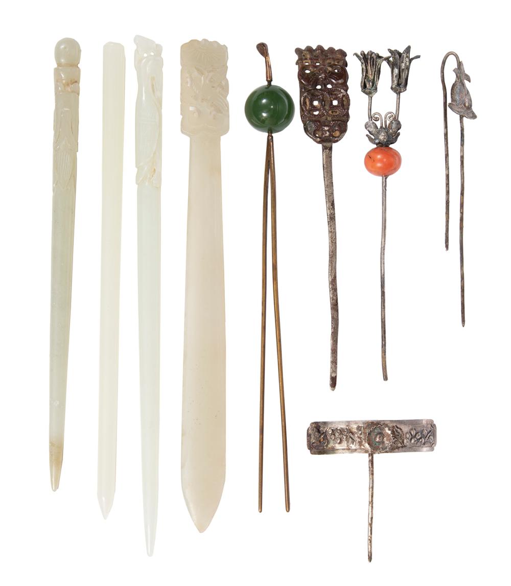 NINE CHINESE JADE AND METAL HAIR