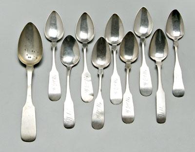 Nine coin silver spoons, all with