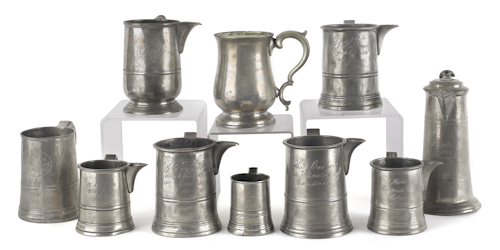 Nine English pewter measures