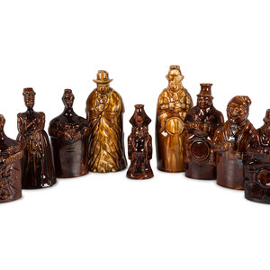Nine Figural Flasks in Brown