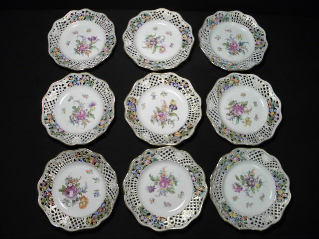 Nine floral reticulated porcelain