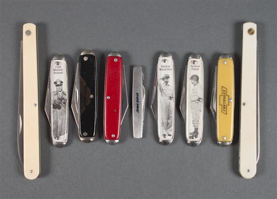 Nine folding pocket knives with