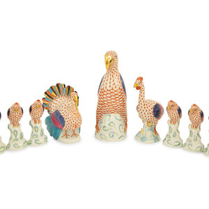 Nine Herend Porcelain Bird