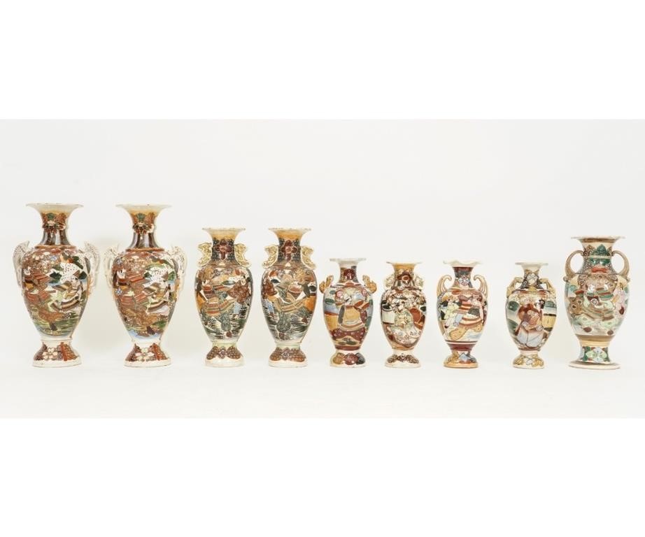 Nine Japanese Satsuma style ceramic
