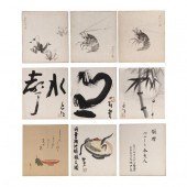 NINE JAPANESE UNFRAMED PAINTIN