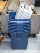 NINE LARGE PLASTIC TOTES & LID