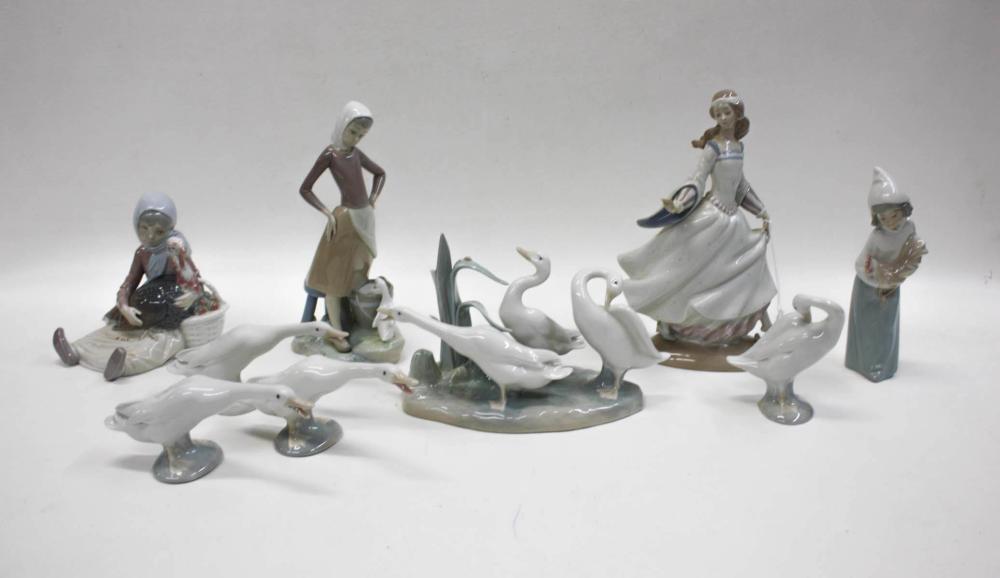 NINE LLADRO PORCELAIN FIGURINES,