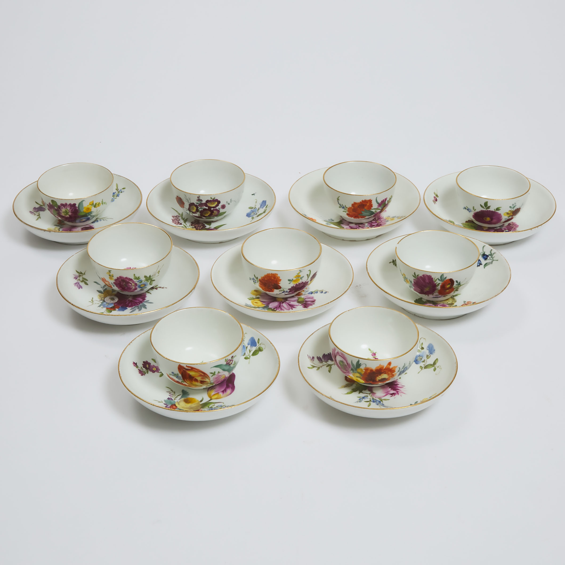 Nine Meissen Flower Painted Tea