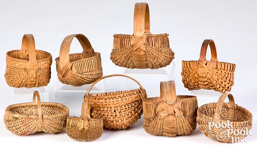 NINE MINIATURE SPLINT BASKETS, 19TH