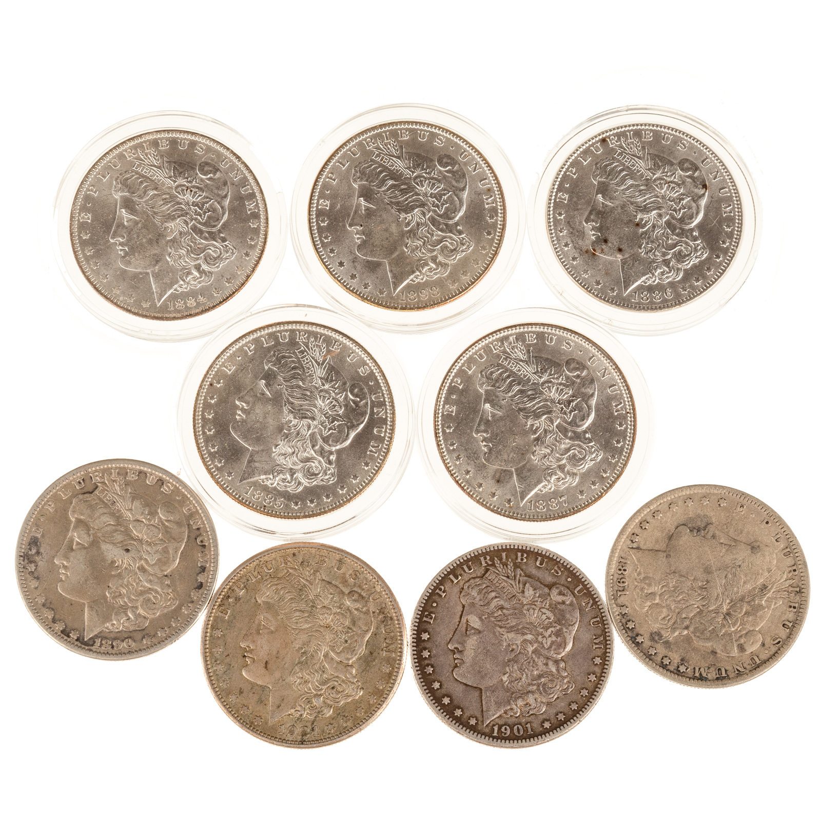 NINE MORGAN DOLLARS - 5 UNC &