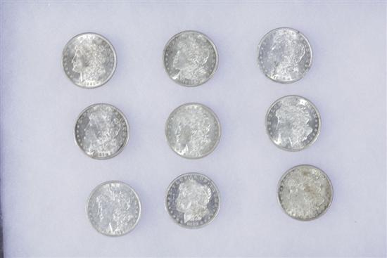 NINE MORGAN DOLLARS  VARIOUS DATES.