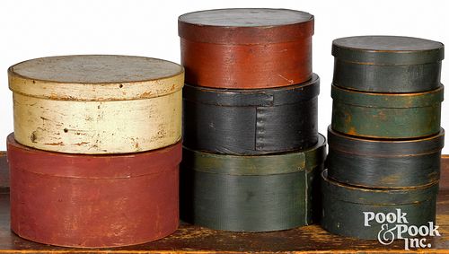 NINE PAINTED BENTWOOD PANTRY BOXES,