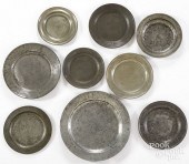 NINE PEWTER PLATES AND CHARGER
