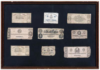 Nine pieces Confederate currency: