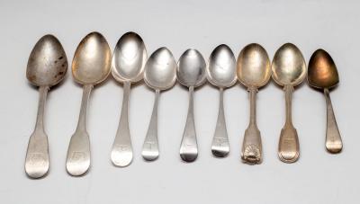 Nine silver spoons, various