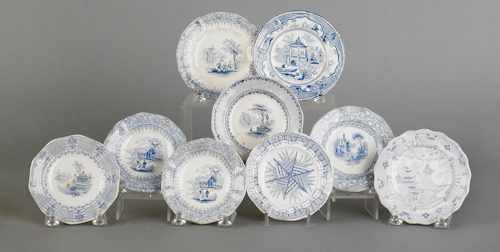 Nine Staffordshire blue and white