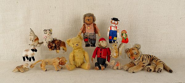 Nine Steiff plush animals