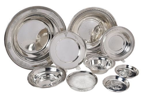 NINE STERLING BOWLS, PLATES, AND