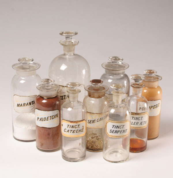 Nine stoppered pharmacy bottles