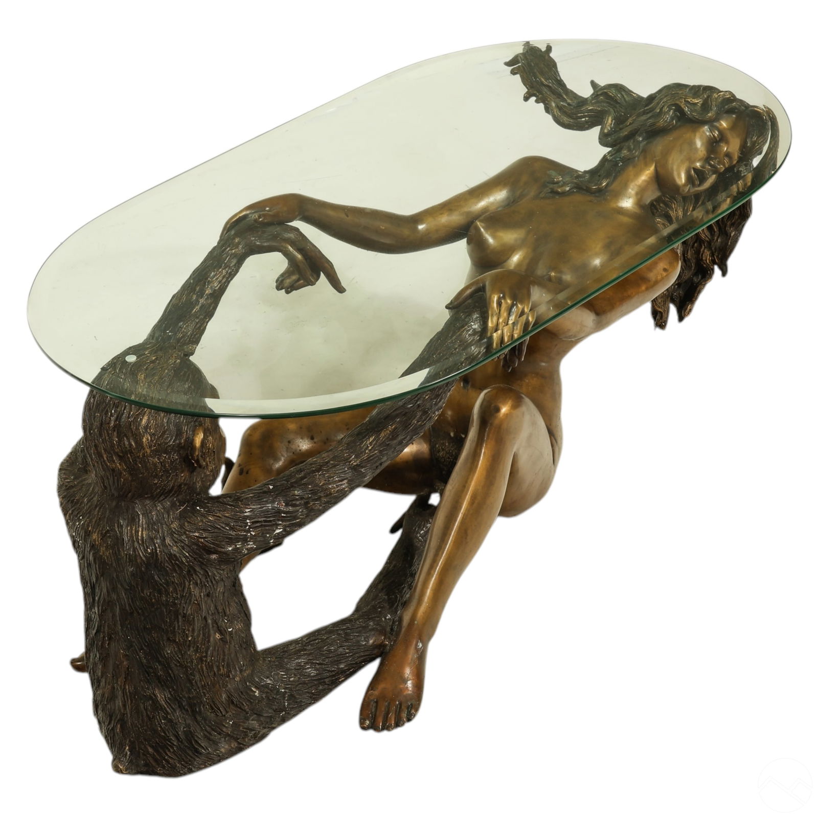 NUDE GIRL AND CHIMP BRONZE GLASS