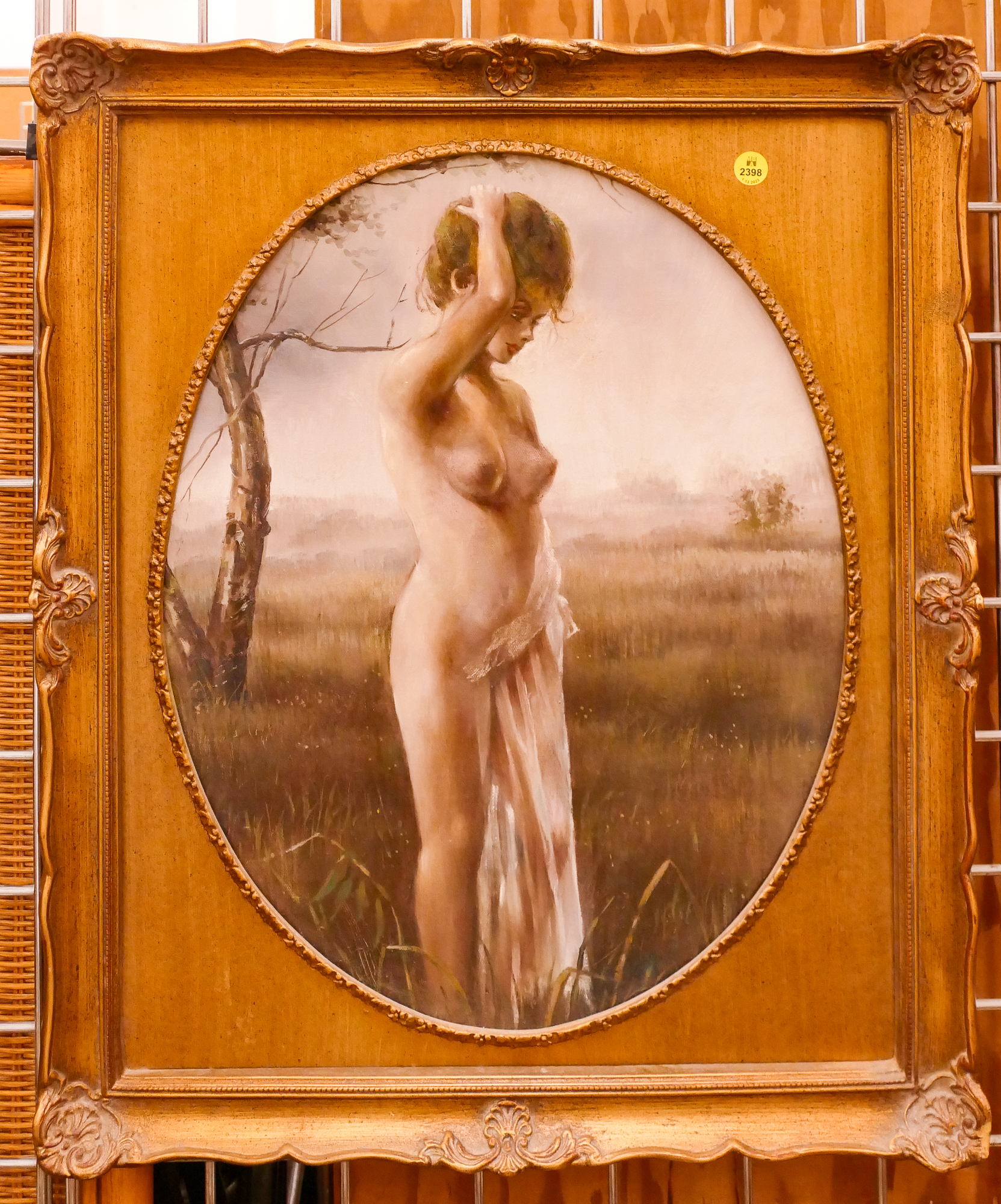 Nude Woman in Landscape Oval Oil