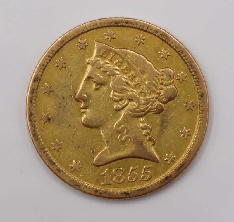 NUMISMATICS. 1855 C $5 LIBERTY HEAD