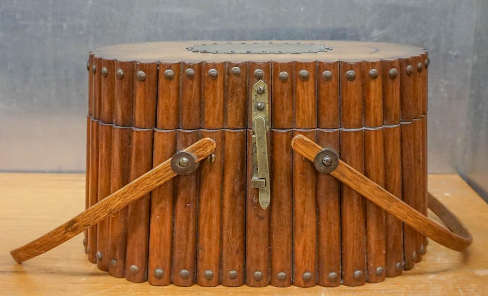 OAK AND MAHOGANY BAIL HANDLE BASKET