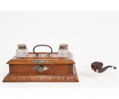 Oak and silver plate ink stand