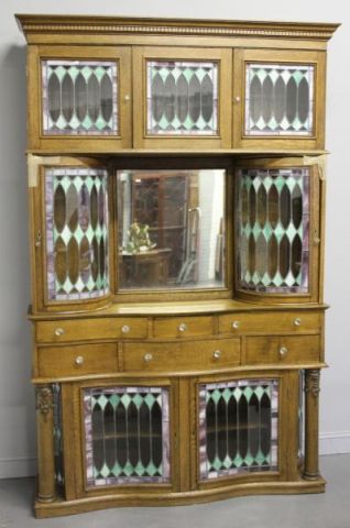 Oak Cabinet with Leaded Glass.Circa