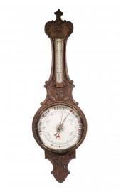 OAK CASED BAROMETER & THERMOME